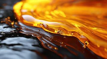 Golden liquid flowing on dark surface, abstract background, texture design photo