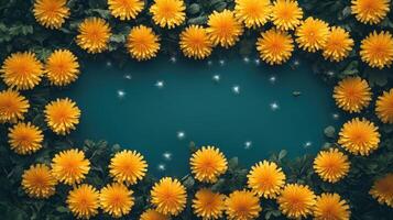 Dandelion frame on teal background, spring scene, floral design, greeting card photo