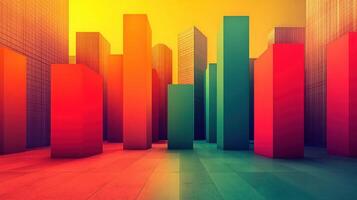 Abstract city skyline, colorful blocks, wooden floor, growth concept, business presentation photo