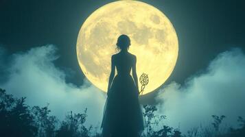 Woman in gown, moonlit night, mystical forest, fantasy art, ideal for fantasy or fairytale themes photo