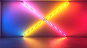 Neon cross lights in room, colorful glow, modern interior design, background for presentation photo