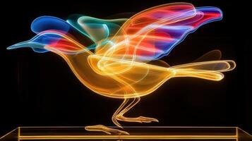 Colorful light bird sculpture, dark background, art installation photo