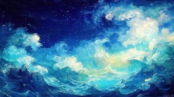 Night sky, ocean waves, painting, abstract art, calming background photo
