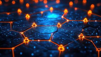 Network nodes glow, digital connection, abstract background, tech illustration photo