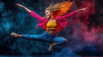 Energetic dancer leaps, colorful smoke, studio photo