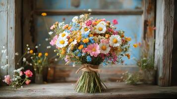 Rustic wildflowers bouquet, wooden background, spring photo