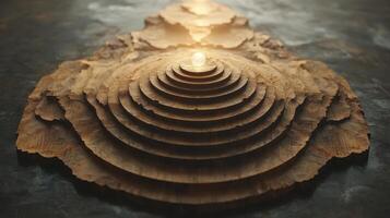 Illuminated concentric wood sculpture on dark surface photo