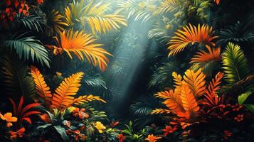 Sunlight through lush tropical jungle foliage. Background vibrant flowers. Use nature backdrop photo