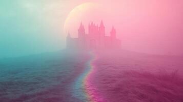Misty castle path, full moon, fantasy landscape, fairytale concept photo