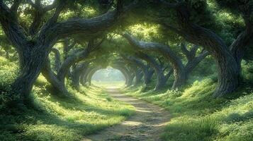Sunlit path through arched trees, forest, magical scene, fantasy background, nature illustration photo