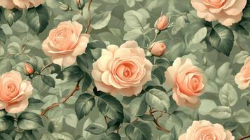 Peach roses blooming garden, lush foliage background, romantic floral design, textile print photo
