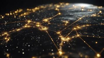 Global network connections at night, showing data flow and city lights photo