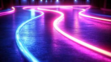 Neon light trails on floor, dark background, futuristic, event backdrop photo