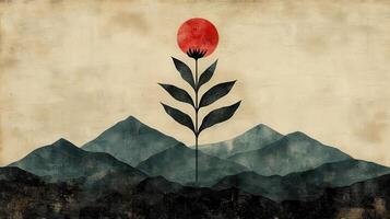 Minimalist sunset mountain flower art print photo
