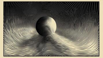 Abstract sphere in swirling tunnel, graphic design, beige background photo