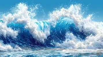 Ocean waves crashing on shore, sunny sky, summer beach background, travel poster photo