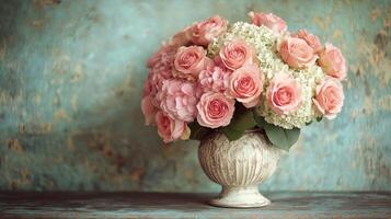 Pink roses and hydrangeas in urn, rustic background, wedding decor photo