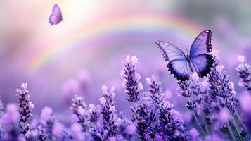 Lavender field, butterflies, rainbow, nature, spring photo