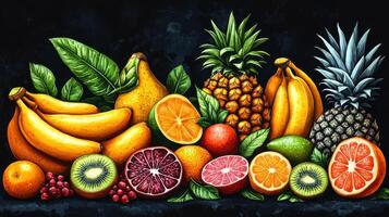 Tropical fruit still life, vibrant colors, dark background, healthy food photo