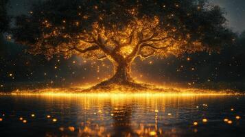 Glowing tree by lake, magical night, fantasy illustration, wallpaper photo