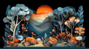 Paper art sunset landscape, floral scene, mountains background, nature illustration, design element photo