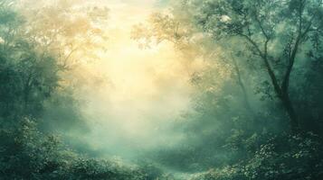 Misty forest path, sunrise, nature background, magical scene, fantasy photo