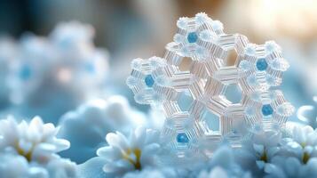 Intricate snowflake on flowers, winter scene, holiday card photo