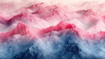 Pink and blue mountain range, aerial view, misty sunrise, landscape background, design photo