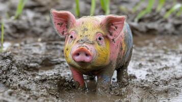 Mud-covered piglet in field, playful pose. Stock photo for farming