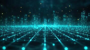 Futuristic city grid, digital landscape, glowing network, dark background, tech concept photo