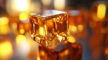 Golden glass cube, reflecting light, abstract background, luxury product photo