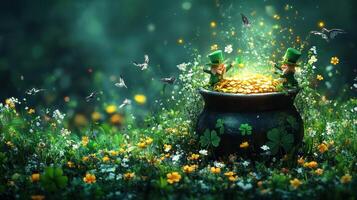 Leprechauns guarding gold in magical pot, flowers, St. Patrick's Day photo