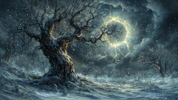 Snowy landscape, ancient tree, lightning ring, winter storm, fantasy art photo