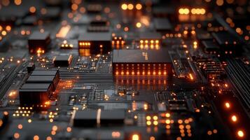 Illuminated Circuit Board, Technology, Data Center, Glowing Components, Abstract Background, Tech Illustration photo