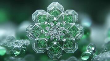 Green snowflake macro, winter crystal, bokeh background, nature detail, holiday card photo