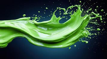 Green liquid splash, dynamic flow, dark background, vibrant color, advertising photo