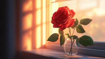 Single red rose in glass vase, sunset window light photo