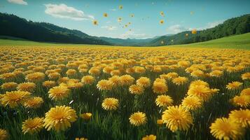 Dandelions field, mountain backdrop, seeds flying, spring photo
