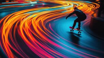 Skater night riding colorful light trails photo