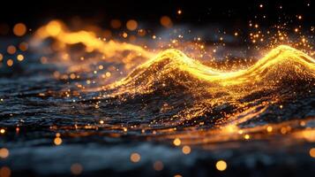 Golden energy wave, dark background, abstract art, design element photo