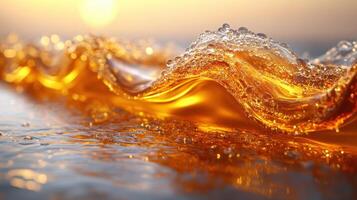 Golden sunset wave, ocean surface, close-up, background bokeh, liquid texture photo