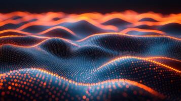 Abstract orange blue data wave, digital landscape, technology background, futuristic design photo