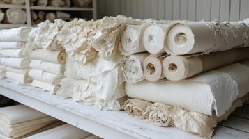 White fabric rolls workshop storage, textile background photo