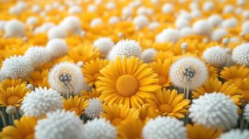 Yellow and white flowers field, sunny day, nature background, spring photo