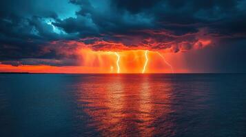 Fiery sunset storm over ocean dramatic lightning photo