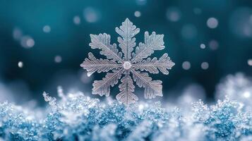 Single snowflake on snow, winter bokeh background, holiday card photo