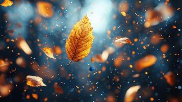 Falling autumn leaf, windy forest, bokeh background, nature wallpaper photo