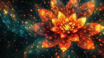 Fiery fractal flower, cosmic dust, dark background, art design photo