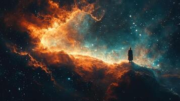 Solitary figure on cosmic cloud, nebula background, space exploration concept, science fiction art photo
