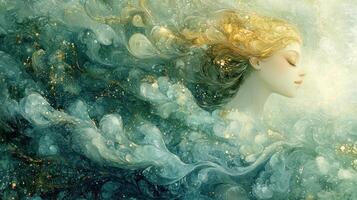 Serene woman, flowing hair, ocean swirls, ethereal background, fantasy art photo